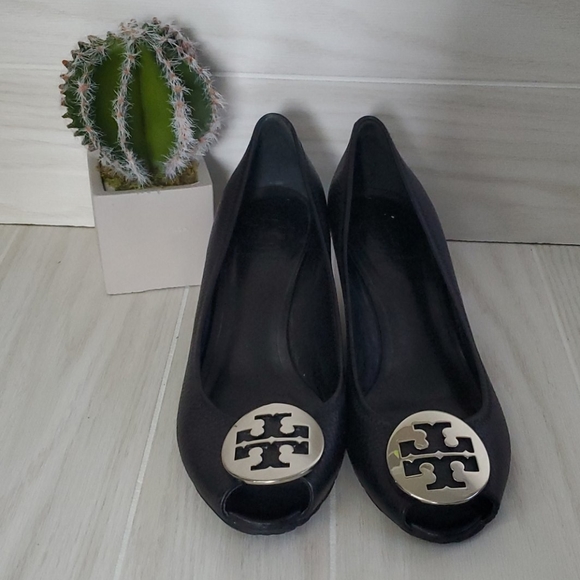 Tory Burch Shoes - TORY BURCH Julianne Black Leather Peep Toe Wedge